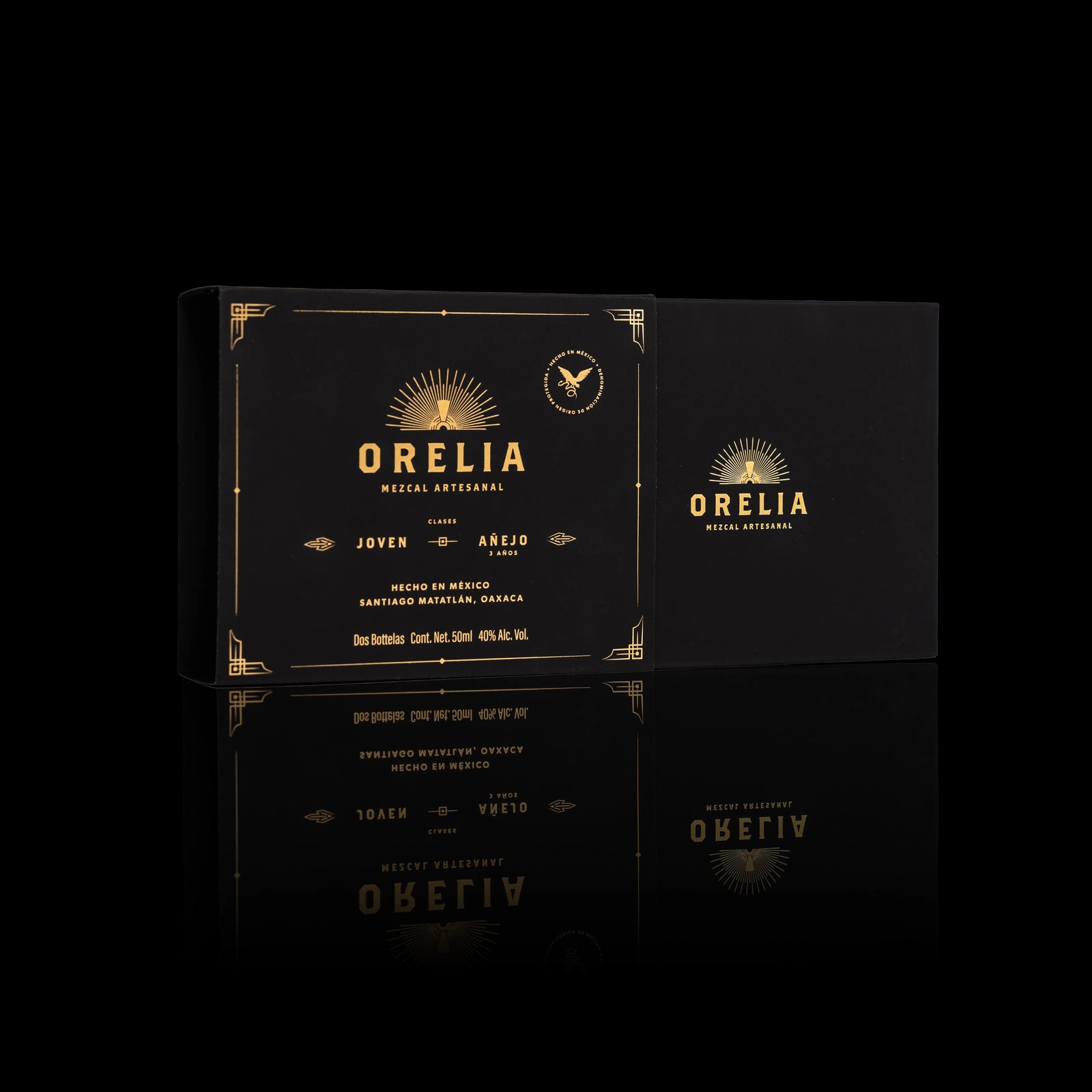 Orelia Mezcal Artesanal 2 50 ml bottles Gift Box featuring Joven and Añejo 3 Year