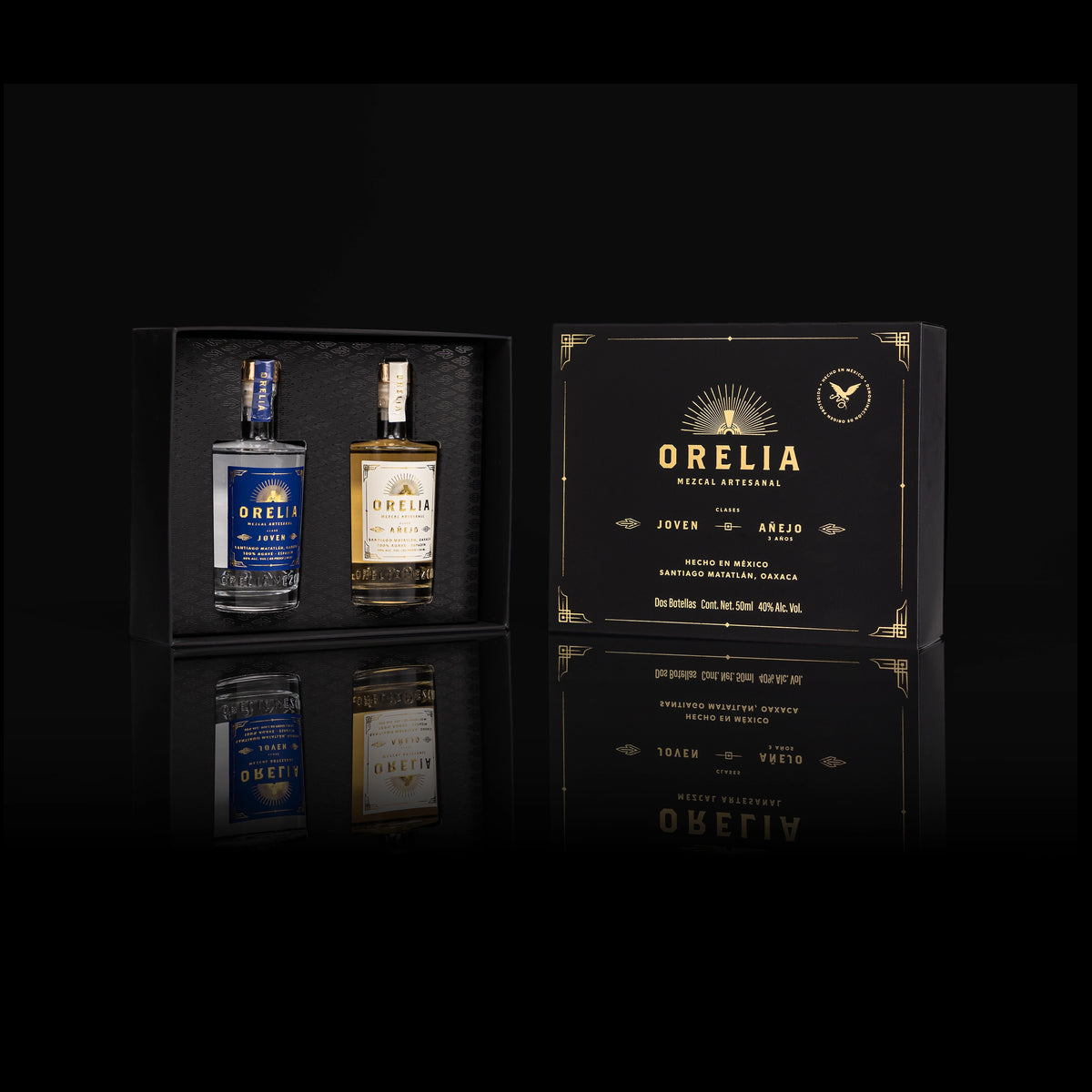 Orelia Mezcal Artesanal 2 50 ml bottles Gift Box featuring Joven and Añejo 3 Year