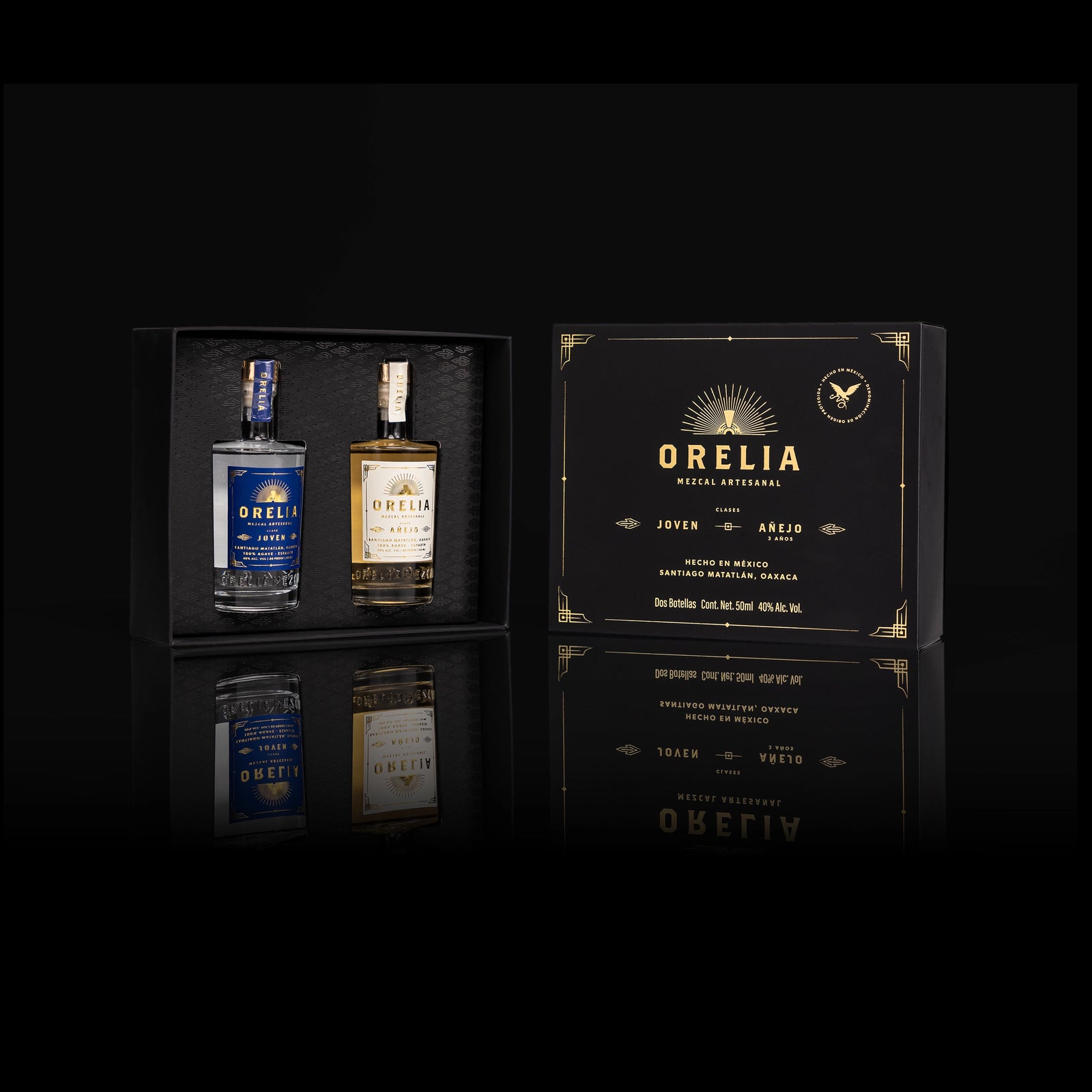Orelia Mezcal Artesanal 2 50 ml bottles Gift Box featuring Joven and Añejo 3 Year