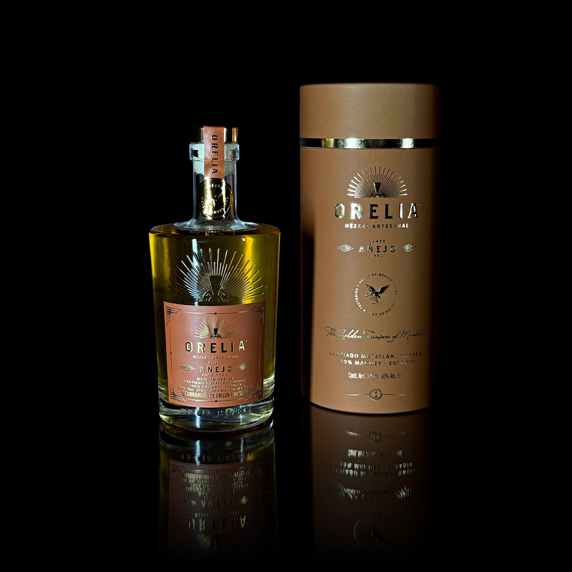 Orelia Mezcal Artesanal Anejo 1 Year 375 ml bottle with matching cylindrical box