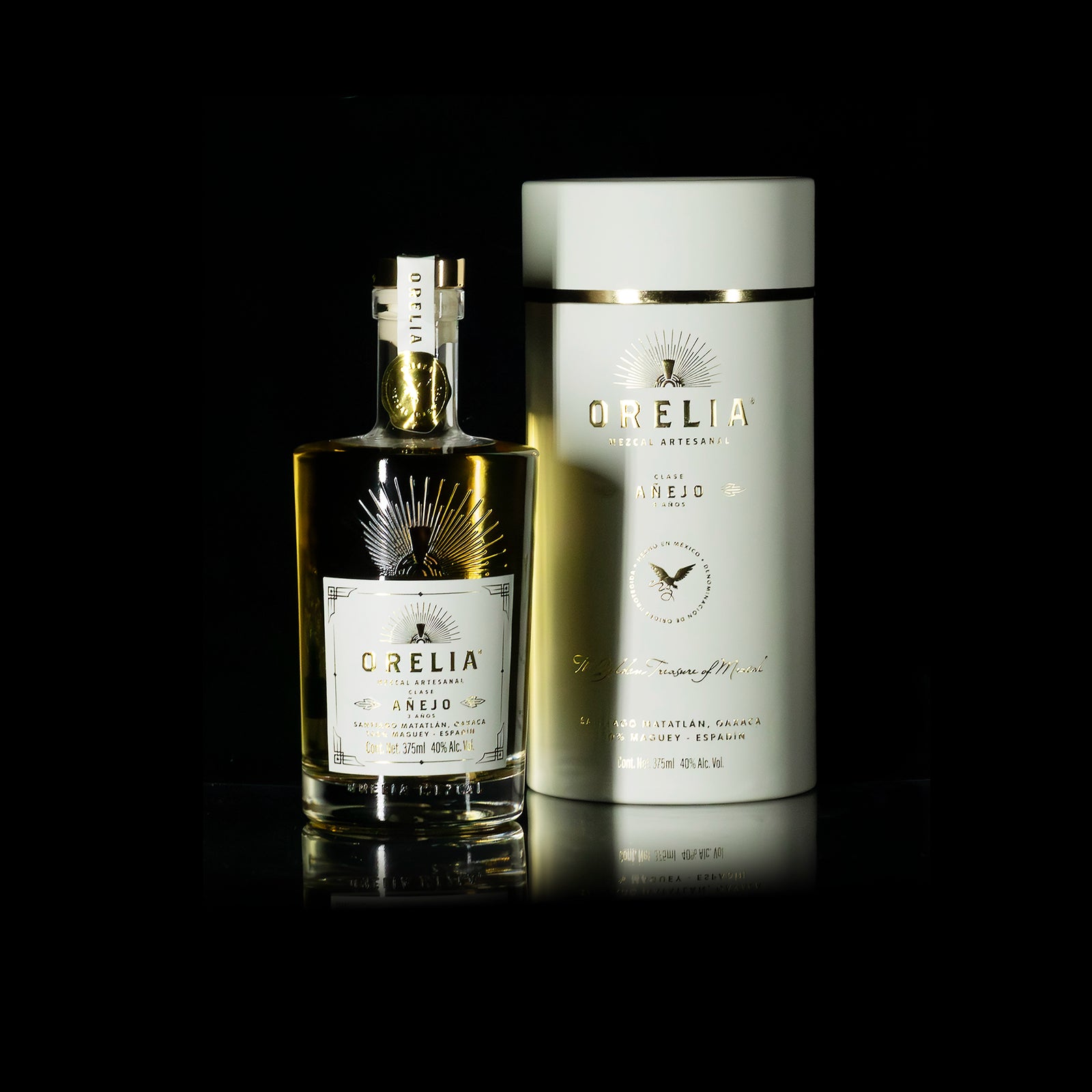 Orelia Mezcal Artesanal Anejo 3 Year 375 ml bottle with matching cylindrical box