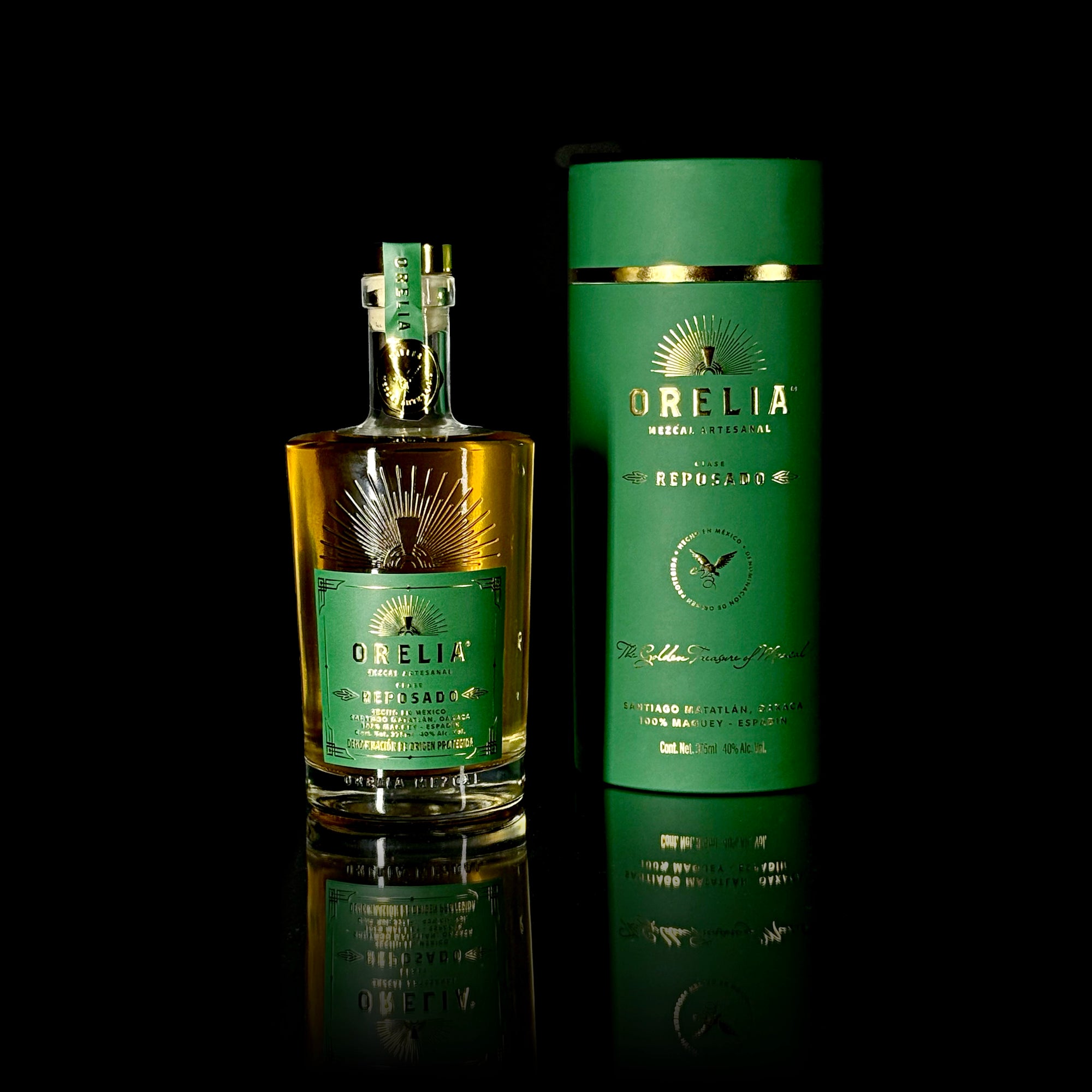 Orelia Mezcal Artesanal Reposado 375 ml bottle with matching cylindrical box