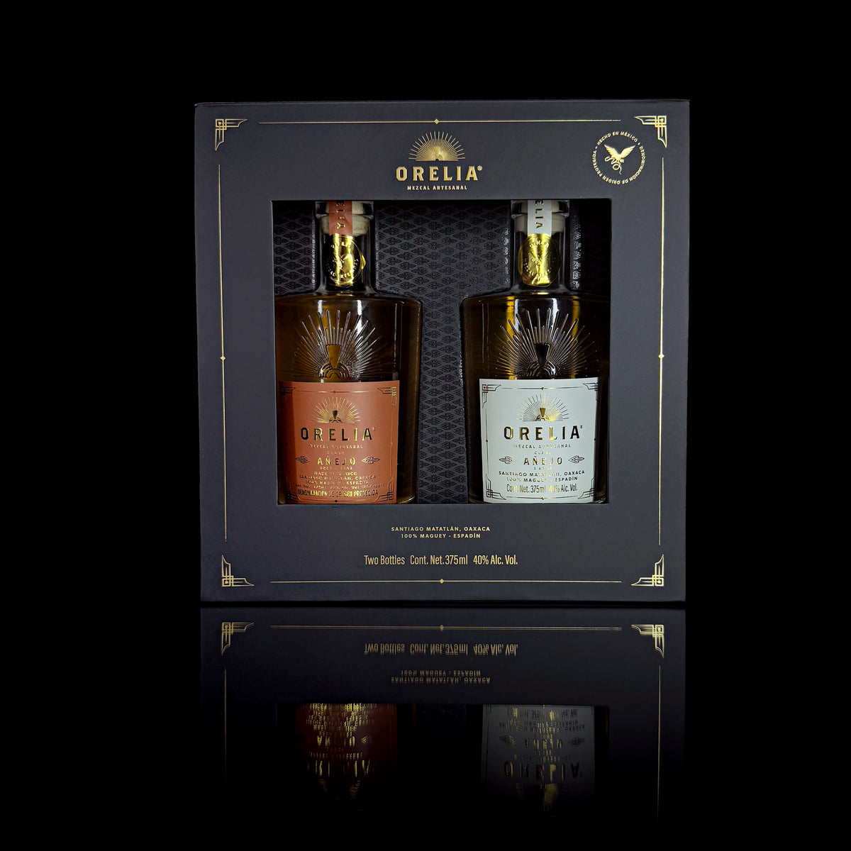 Orelia Mezcal Artesanal 2 375 ml bottles Gift Box featuring Añejo 1 Year and Añejo 3 Year