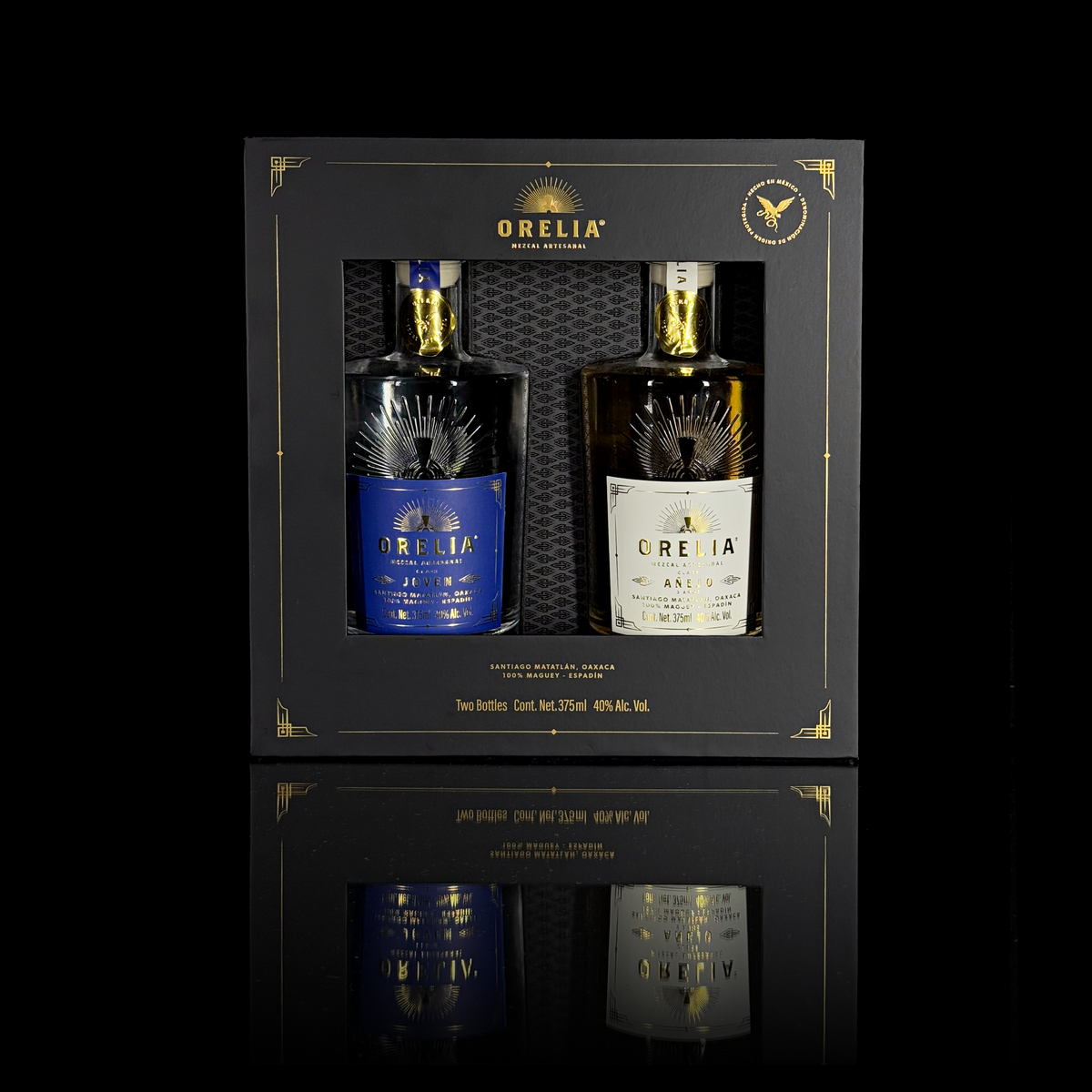 Orelia Mezcal Artesanal 2 375 ml bottles Gift Box featuring Joven and Añejo 3 Year