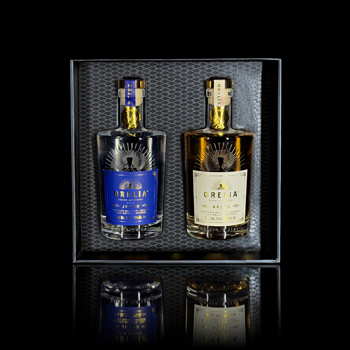 Orelia Mezcal Artesanal 2 375 ml bottles Gift Box featuring Joven and Añejo 3 Year