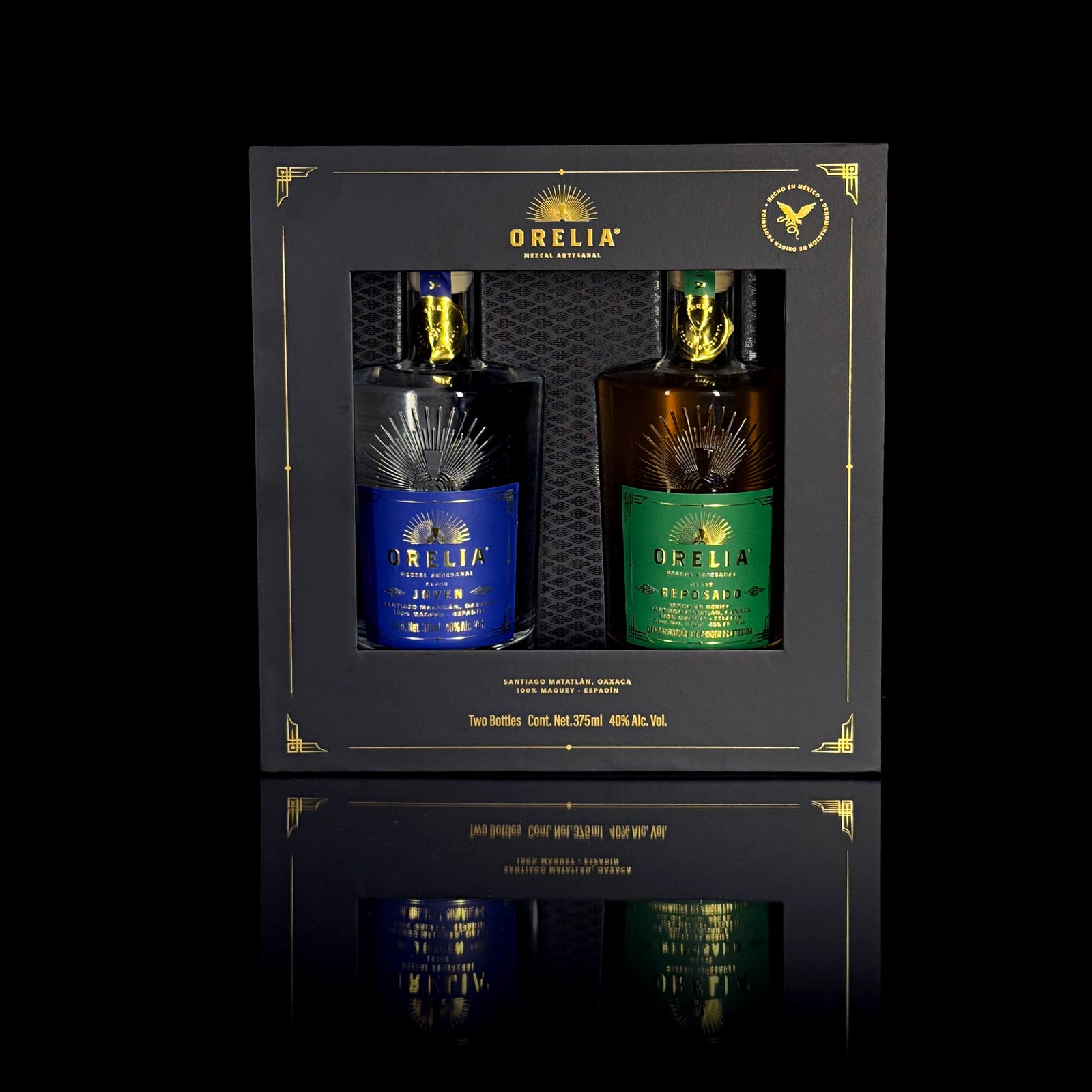 Orelia Mezcal Artesanal 2 375 ml bottles Gift Box featuring Joven and Reposado