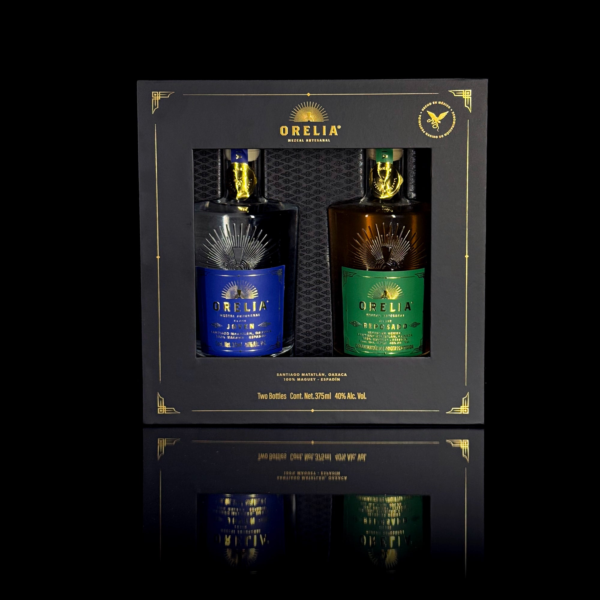 Orelia Mezcal Artesanal 2 375 ml bottles Gift Box featuring Joven and Reposado