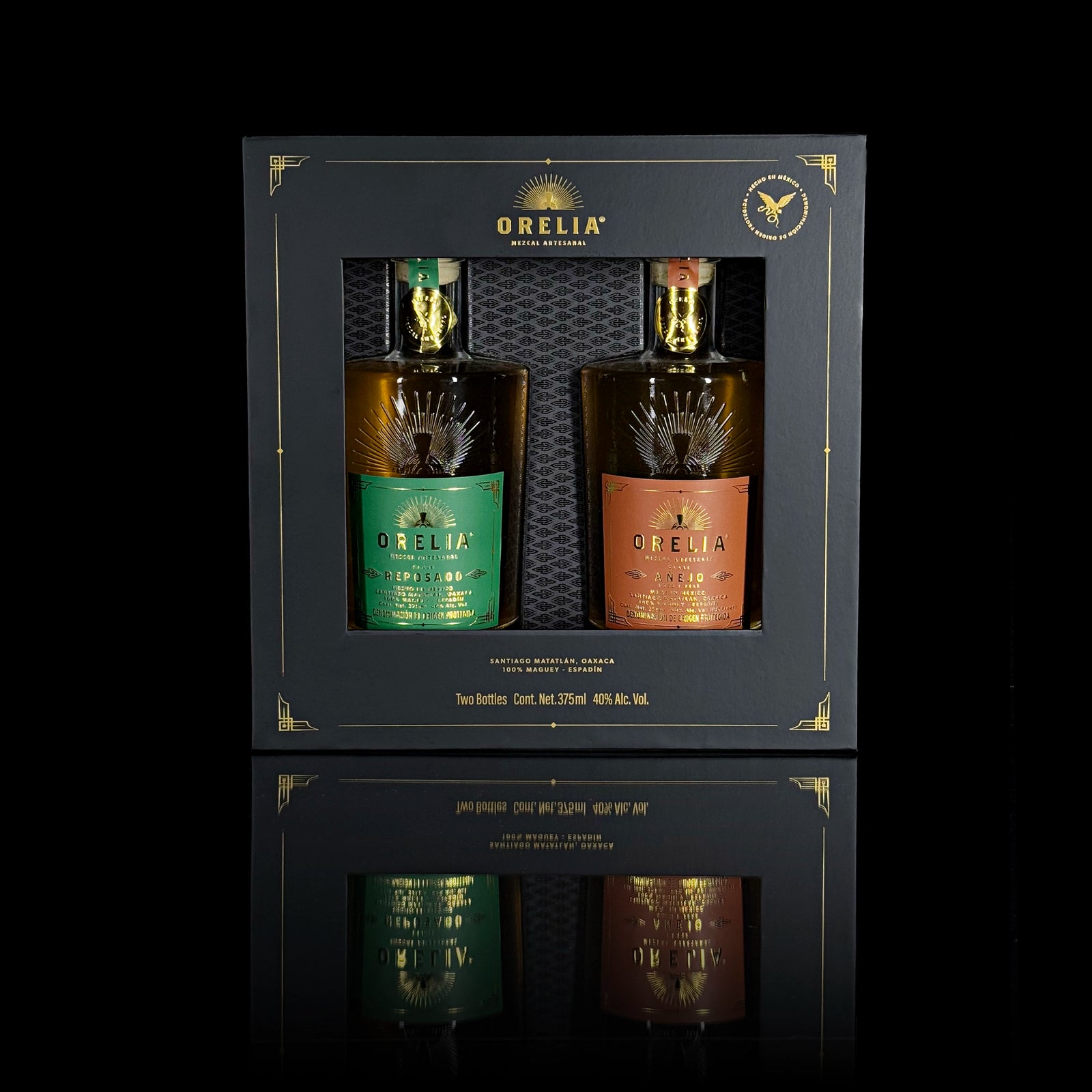 Orelia Mezcal Artesanal 2 375 ml bottles Gift Box featuring Joven and Añejo 1 Year
