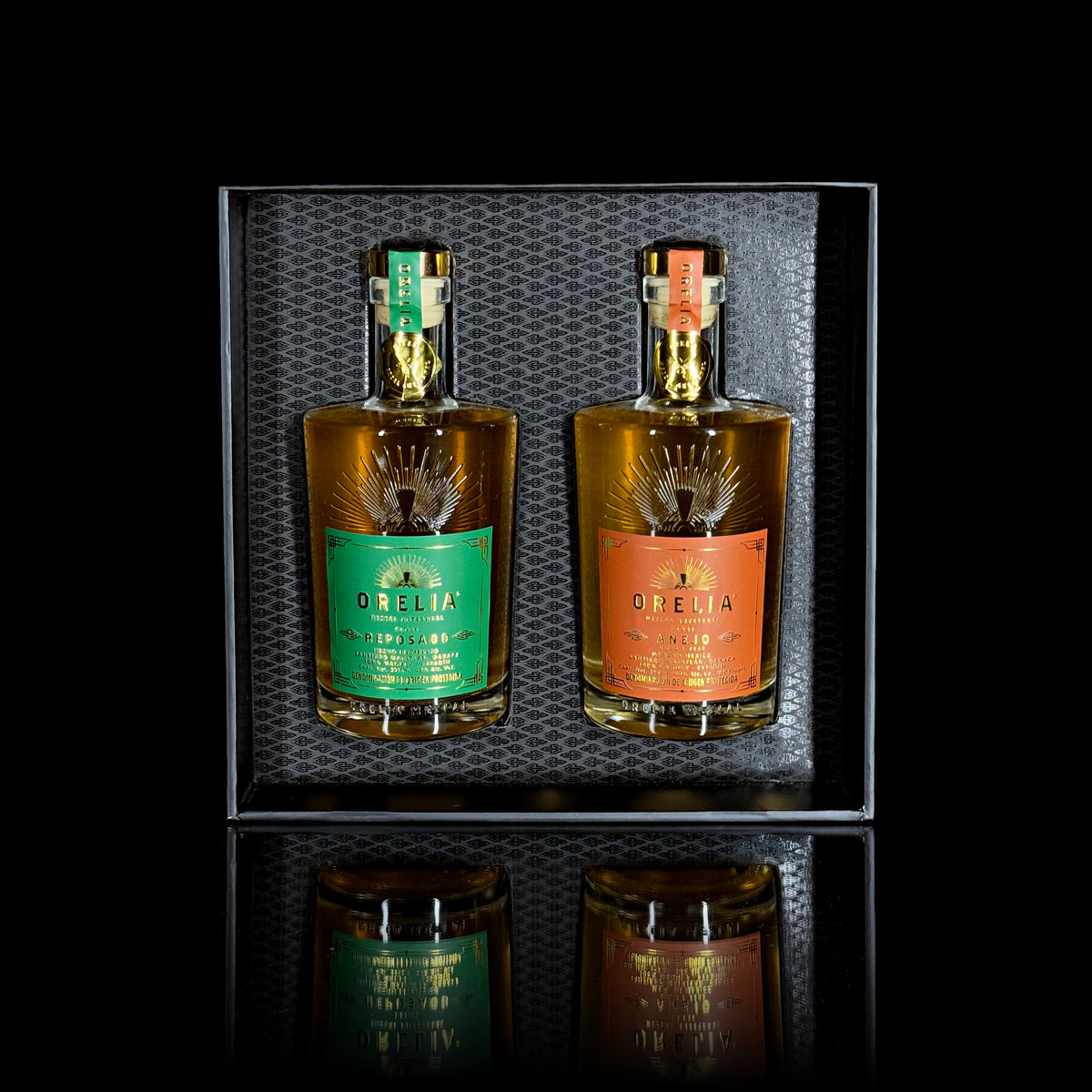 Orelia Mezcal Artesanal 2 375 ml bottles Gift Box featuring Joven and Añejo 1 Year