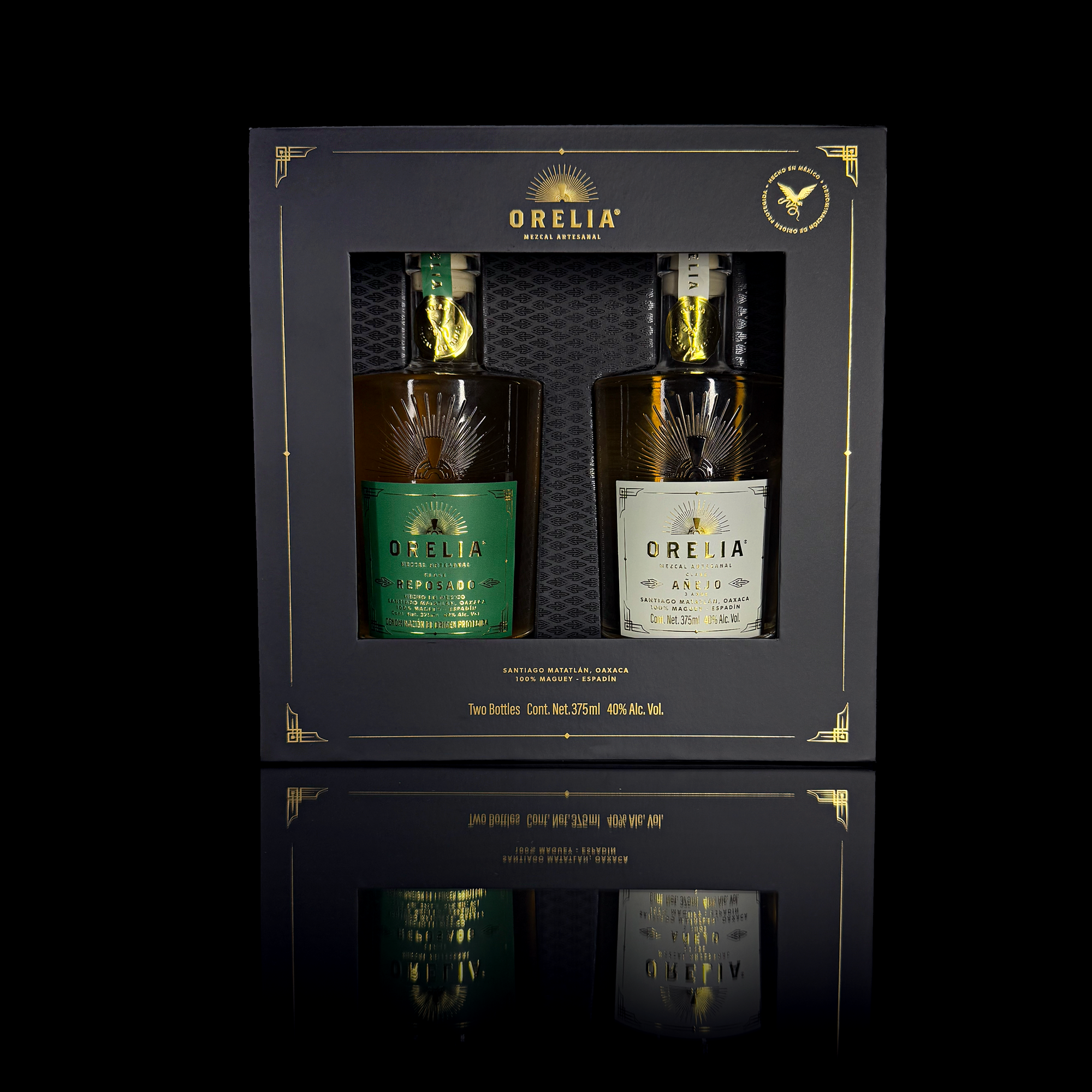 Orelia Mezcal Artesanal 2 375 ml bottles Gift Box featuring Joven and Añejo 3 Year