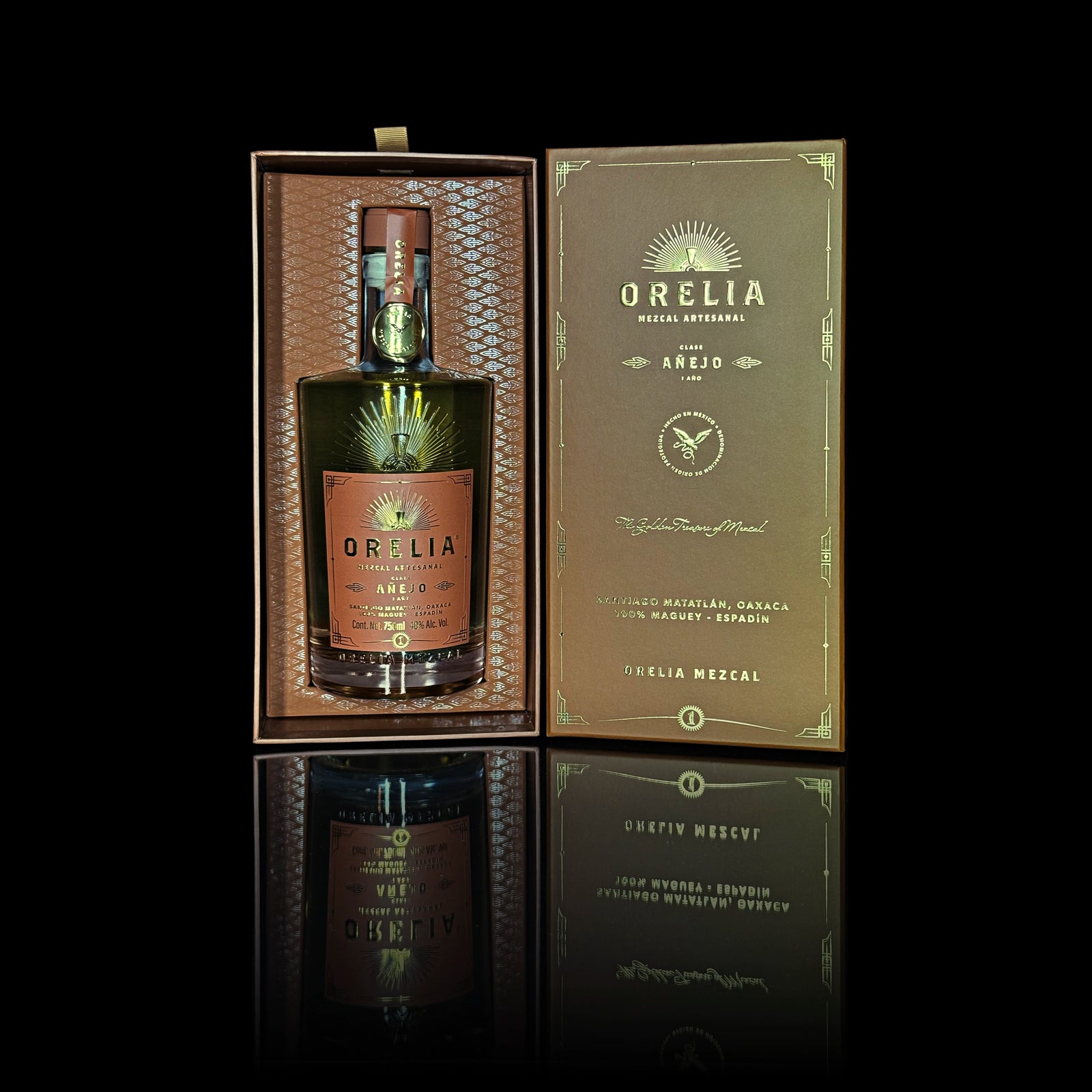 Orelia Mezcal Artesanal Anejo 1 Year 750 ml bottle with matching box