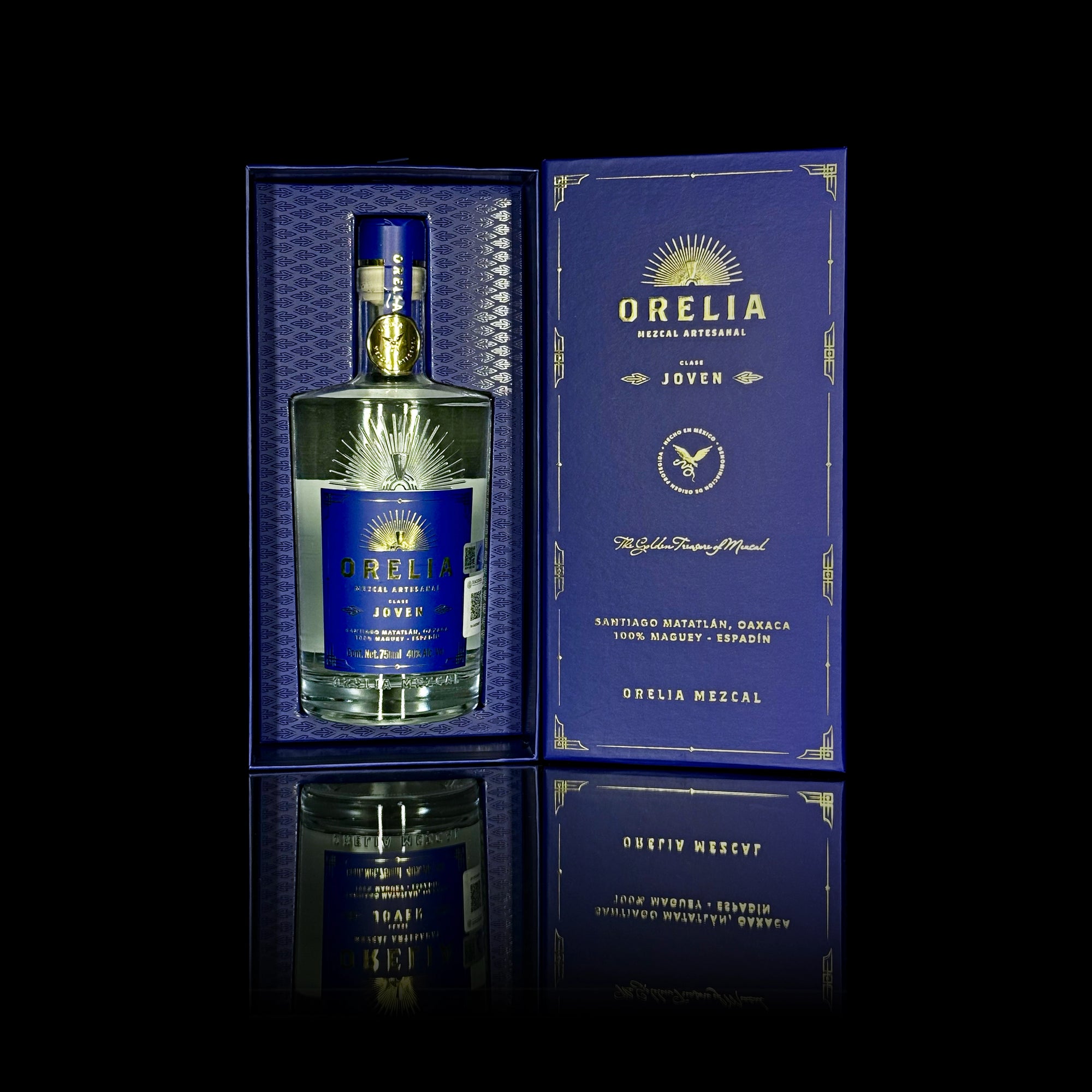 Orelia Mezcal Artesanal Joven 750 ml bottle with matching box
