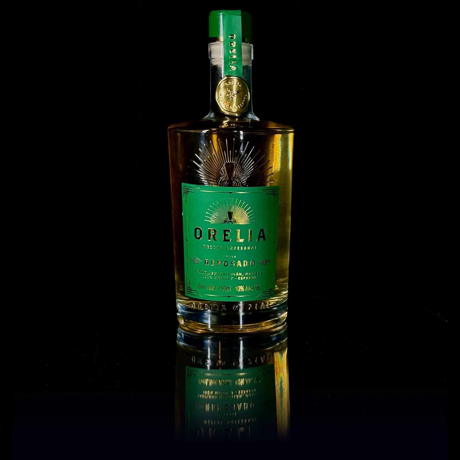 Orelia Mezcal Artesanal Reposado 750 ml bottle with matching box