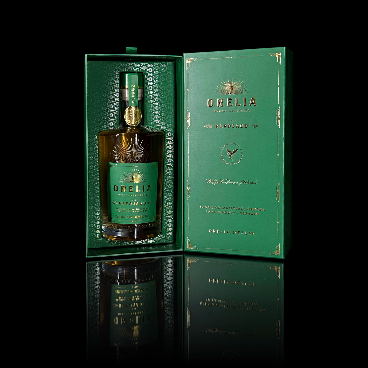 Orelia Mezcal Artesanal Reposado 750 ml bottle with matching box