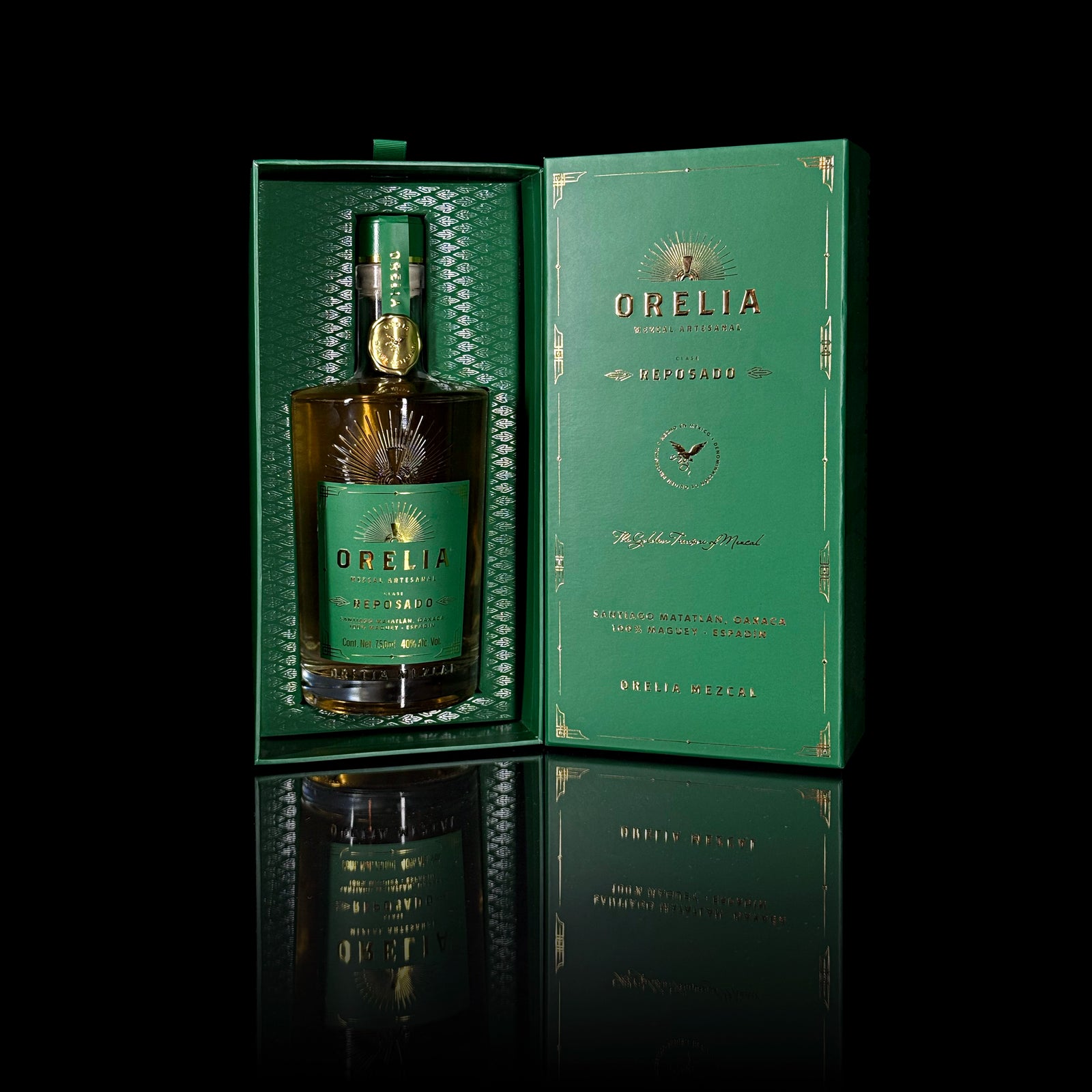 Orelia Mezcal Artesanal Reposado 750 ml bottle with matching box