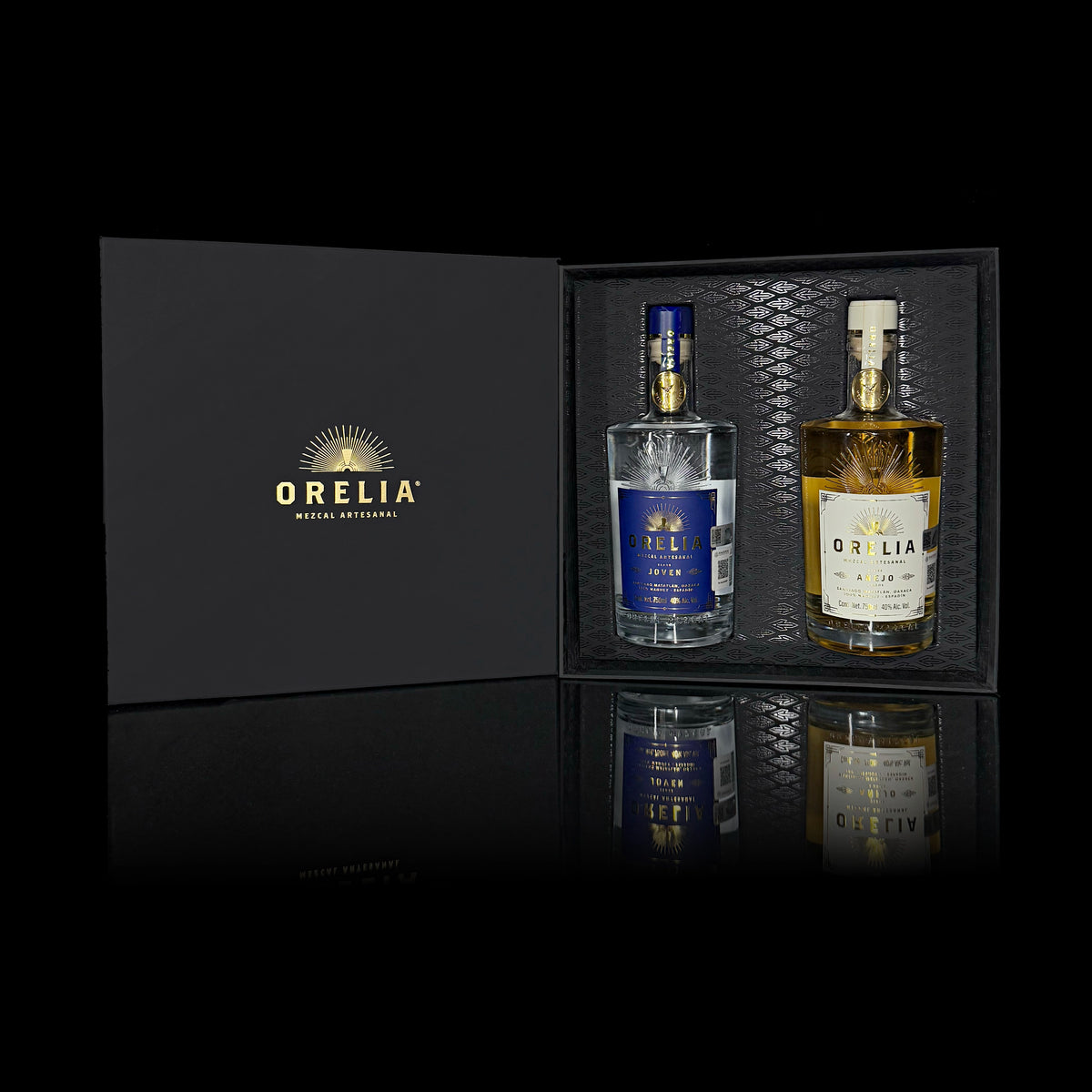 Orelia Mezcal Artesanal 2 750 ml bottles Gift Box featuring Joven and Añejo 3 Year