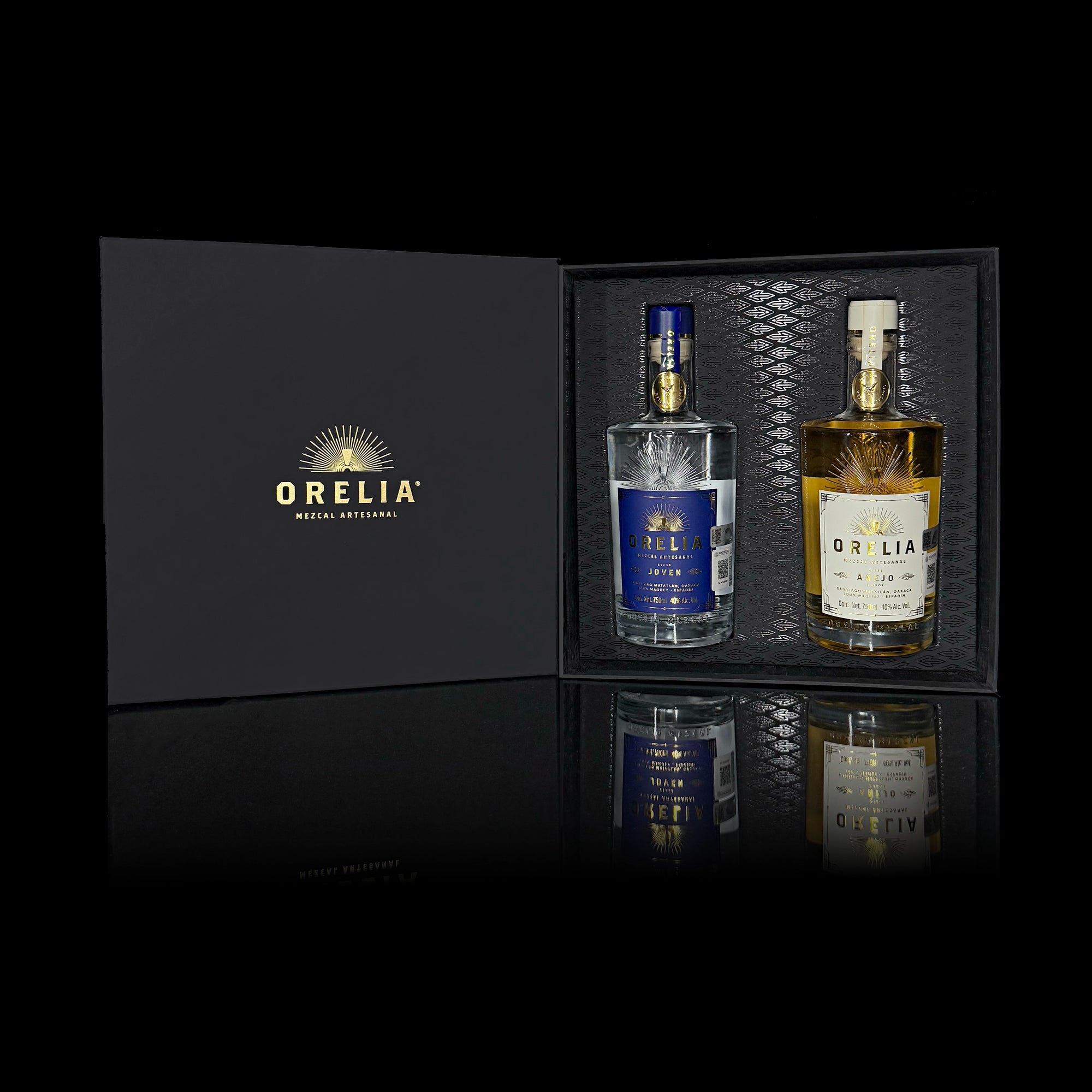 Orelia Mezcal Artesanal 2 750 ml bottles Gift Box featuring Joven and Añejo 3 Year