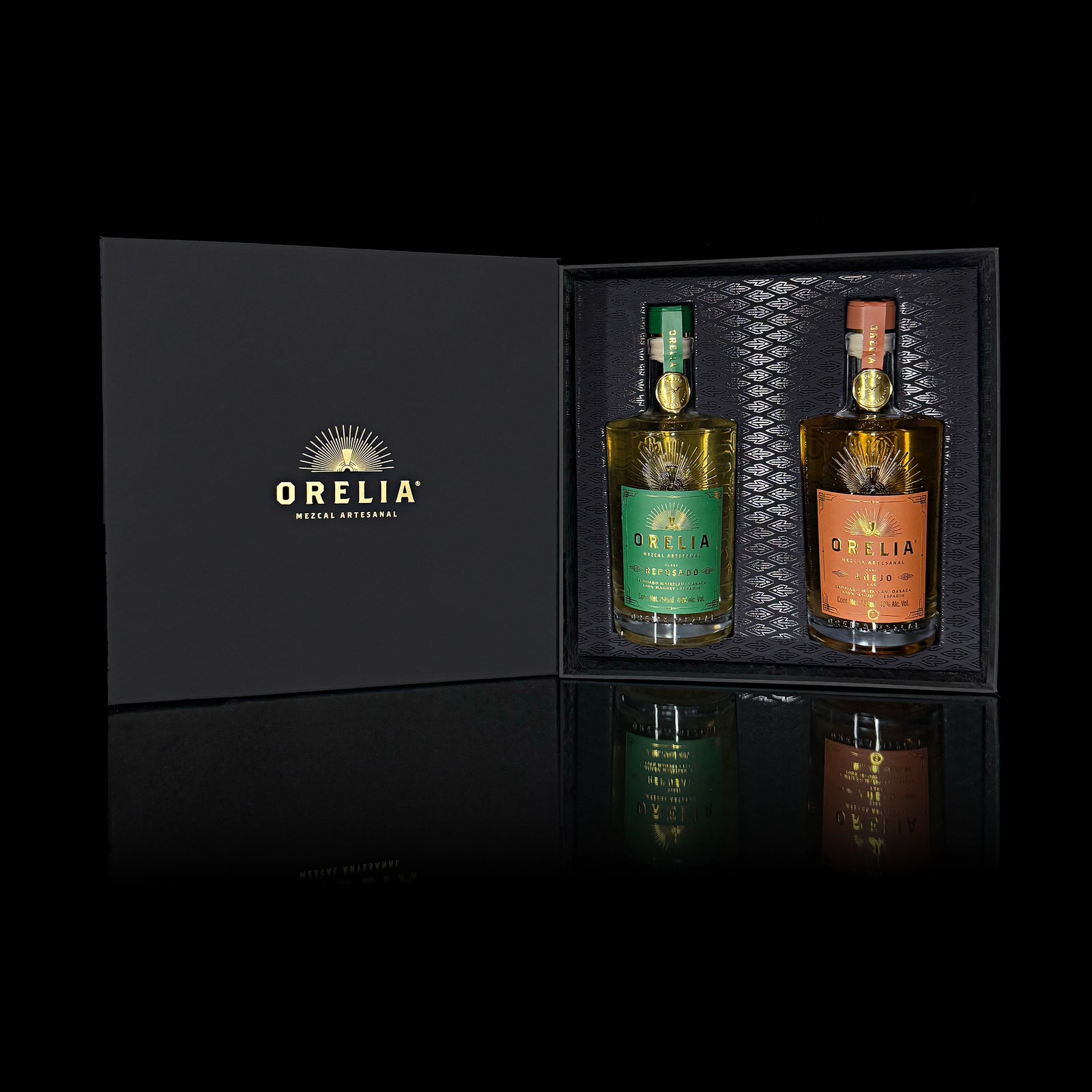 Orelia Mezcal Artesanal 2 750 ml bottles Gift Box featuring Reposado and Añejo 1 Year