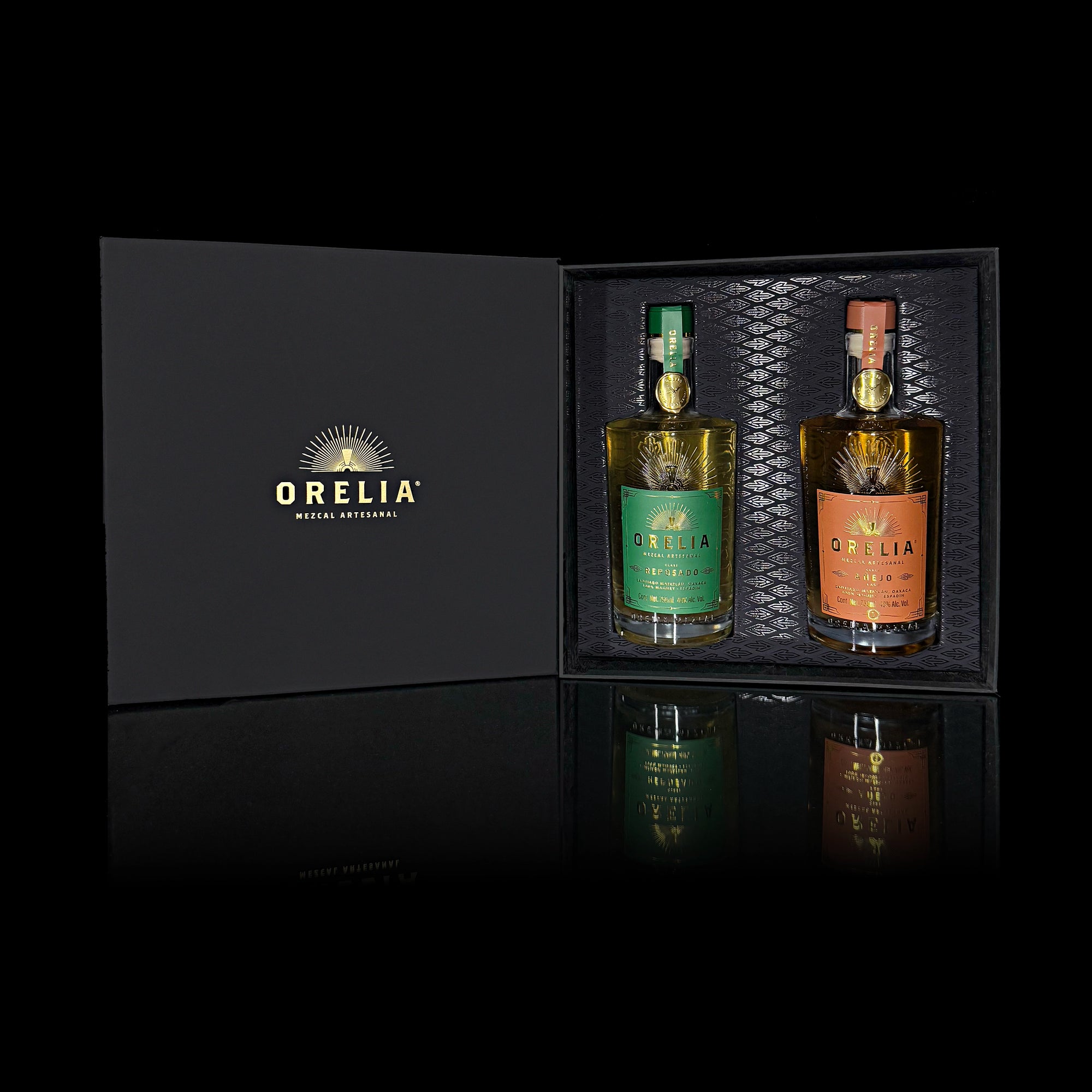 Orelia Mezcal Artesanal 2 750 ml bottles Gift Box featuring Reposado and Añejo 1 Year