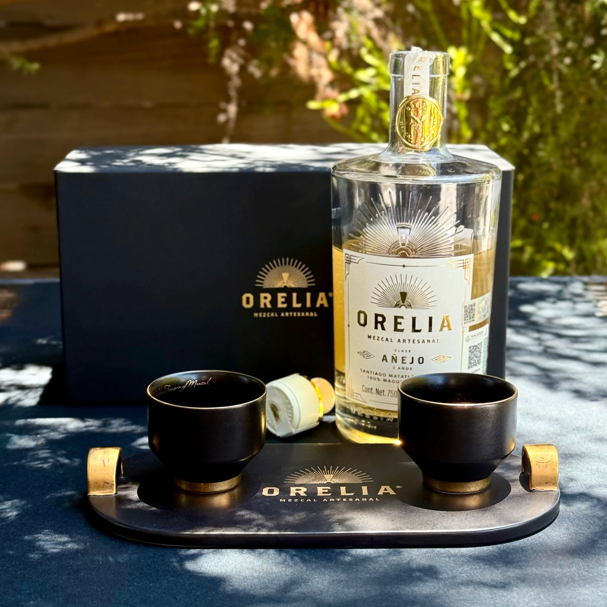 Orelia Mezcal Artesanal Ceremony Set with Jicaras and Tray featuring Orelia Añejo, 3 Años (not included) 
