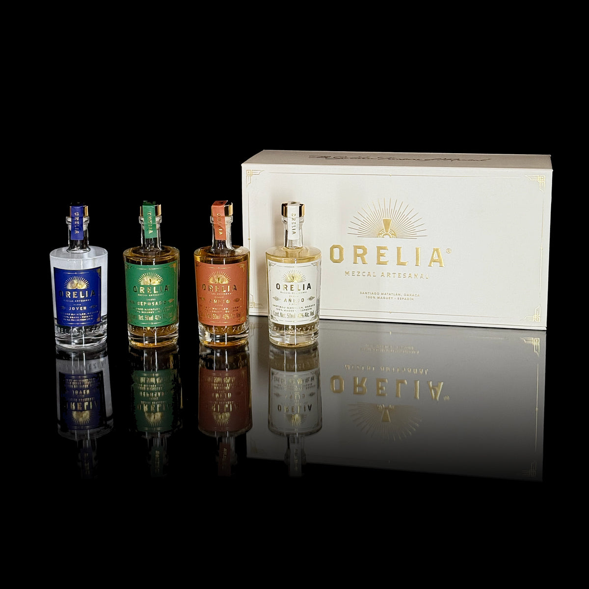 Orelia Mezcal Artesanal 4 50 ml bottles Gift Box featuring Joven, Reposado, Añejo 1 Year and Añejo 3 Year