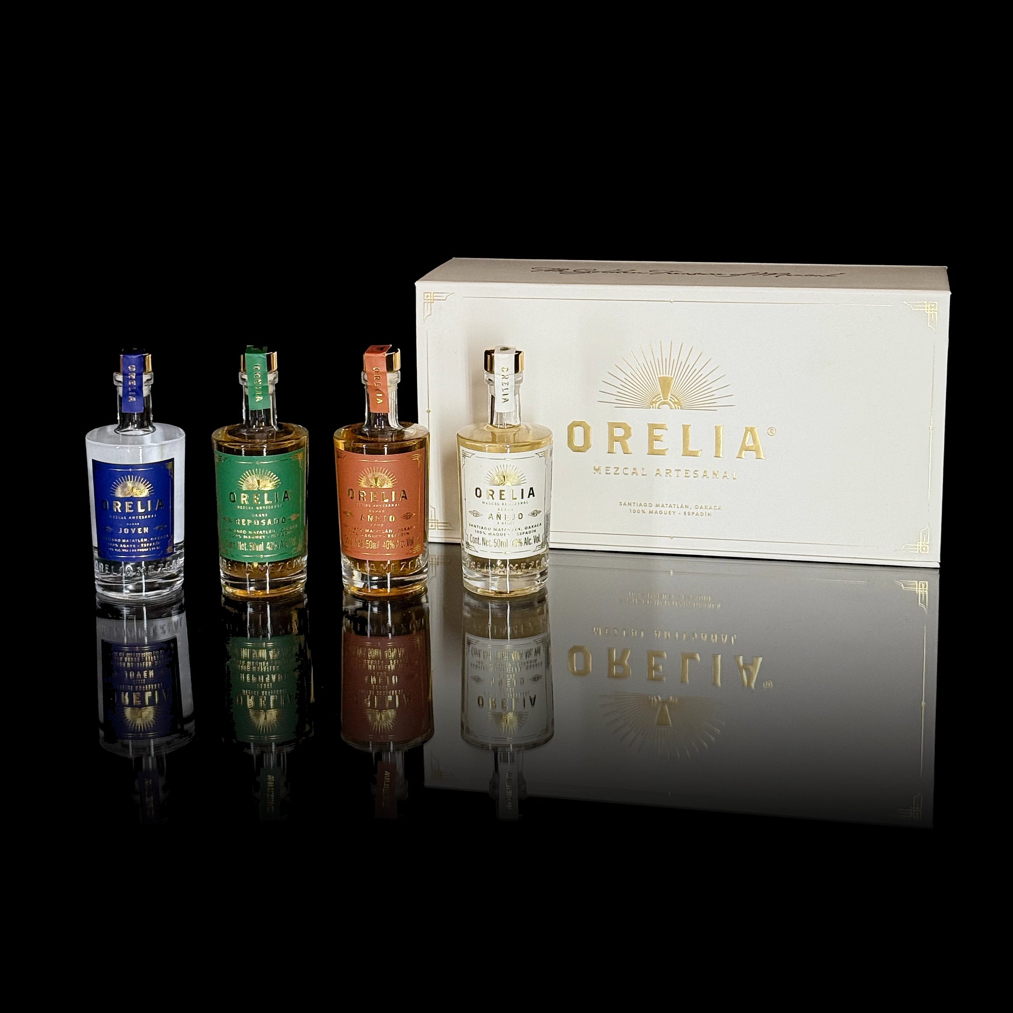 Orelia Mezcal Artesanal 4 50 ml bottles Gift Box featuring Joven, Reposado, Añejo 1 Year and Añejo 3 Year
