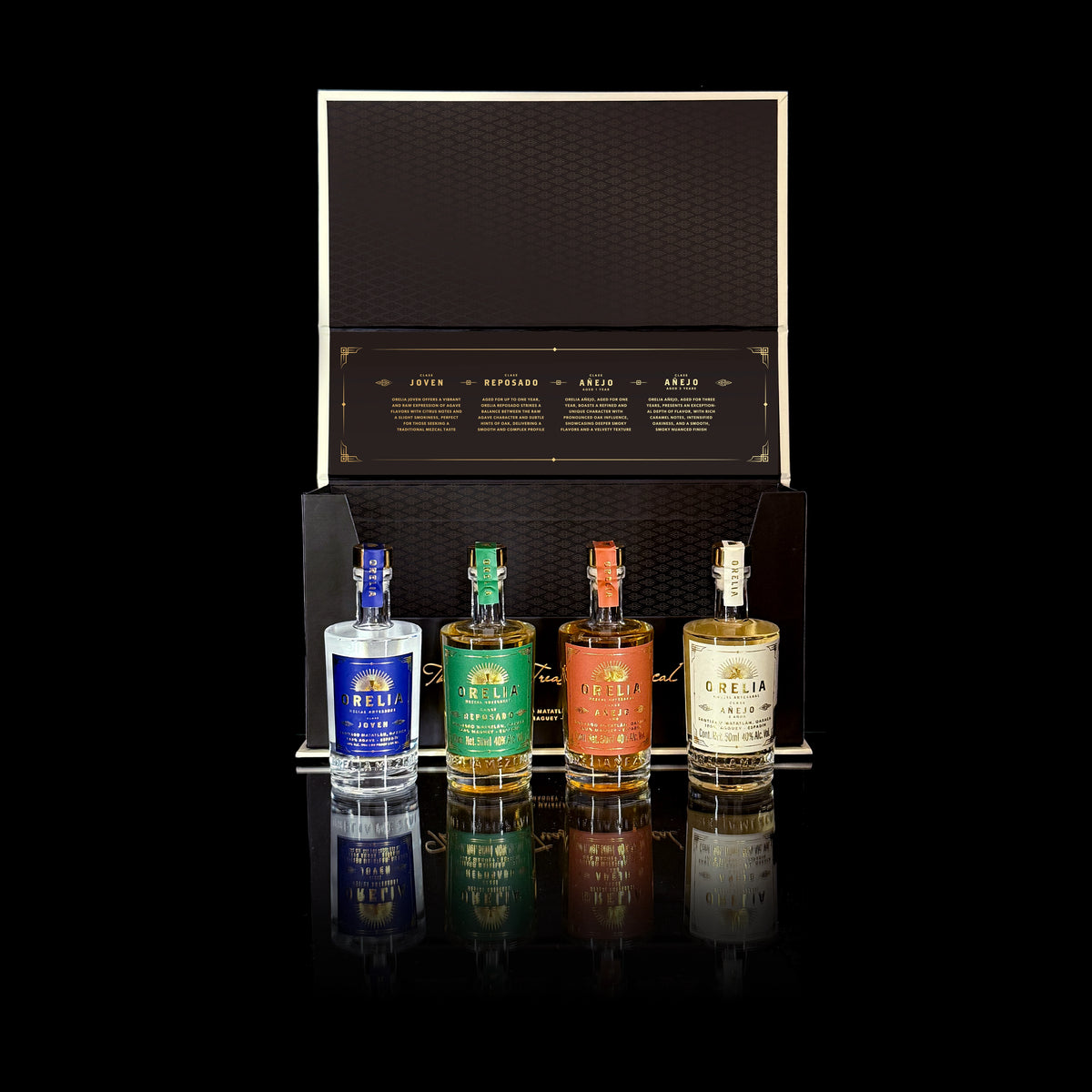 Orelia Mezcal Artesanal 4 50 ml bottles Gift Box featuring Joven, Reposado, Añejo 1 Year and Añejo 3 Year