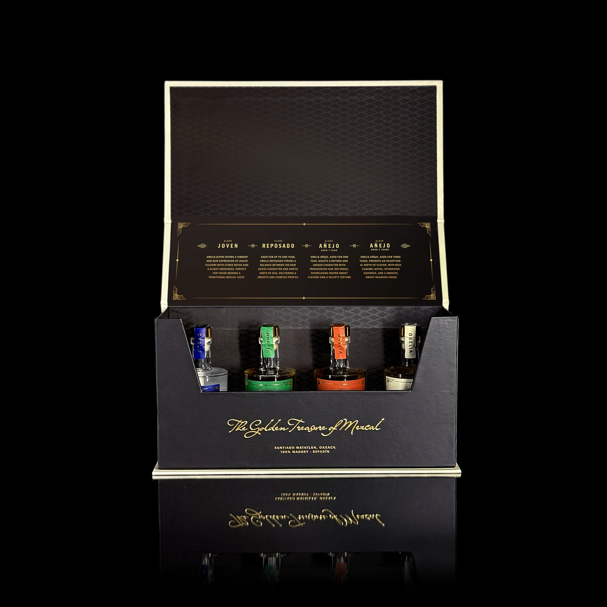 Orelia Mezcal Artesanal 4 50 ml bottles Gift Box featuring Joven, Reposado, Añejo 1 Year and Añejo 3 Year