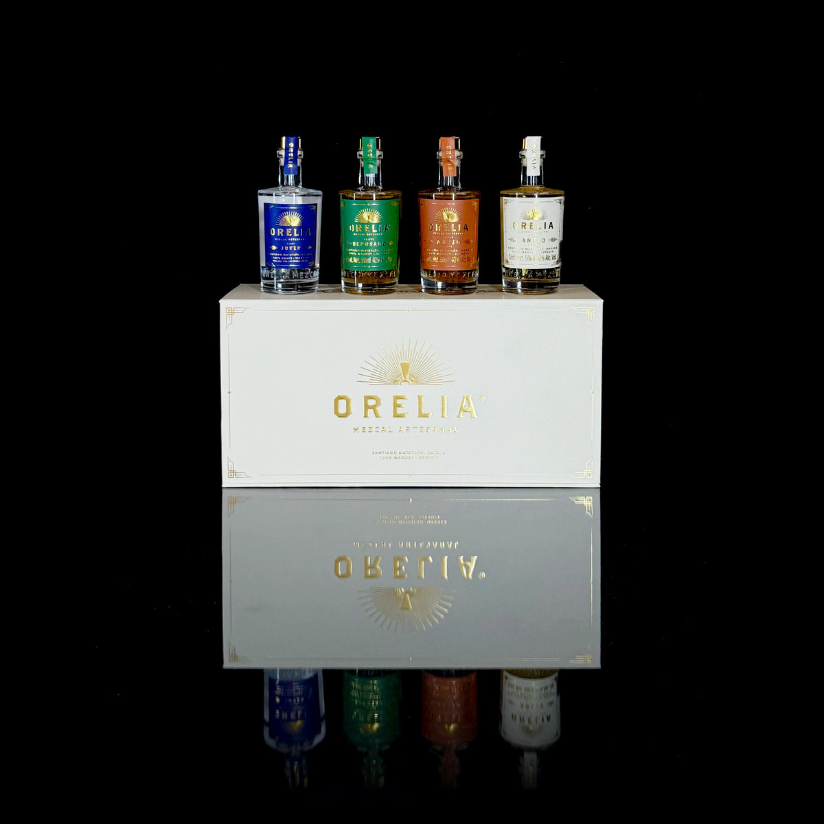 Orelia Mezcal Artesanal 4 50 ml bottles Gift Box featuring Joven, Reposado, Añejo 1 Year and Añejo 3 Year