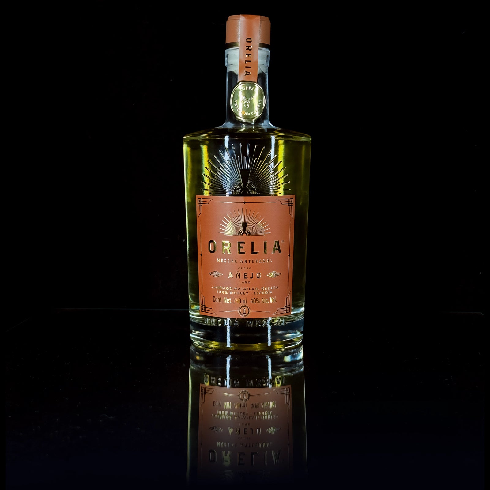 Orelia Mezcal Artesanal Anejo 1 Year 750 ml bottle with matching box