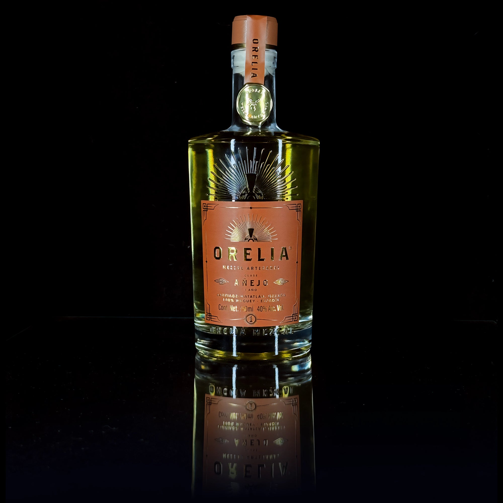 Orelia Mezcal Artesanal Anejo 1 Year 750 ml bottle with matching box