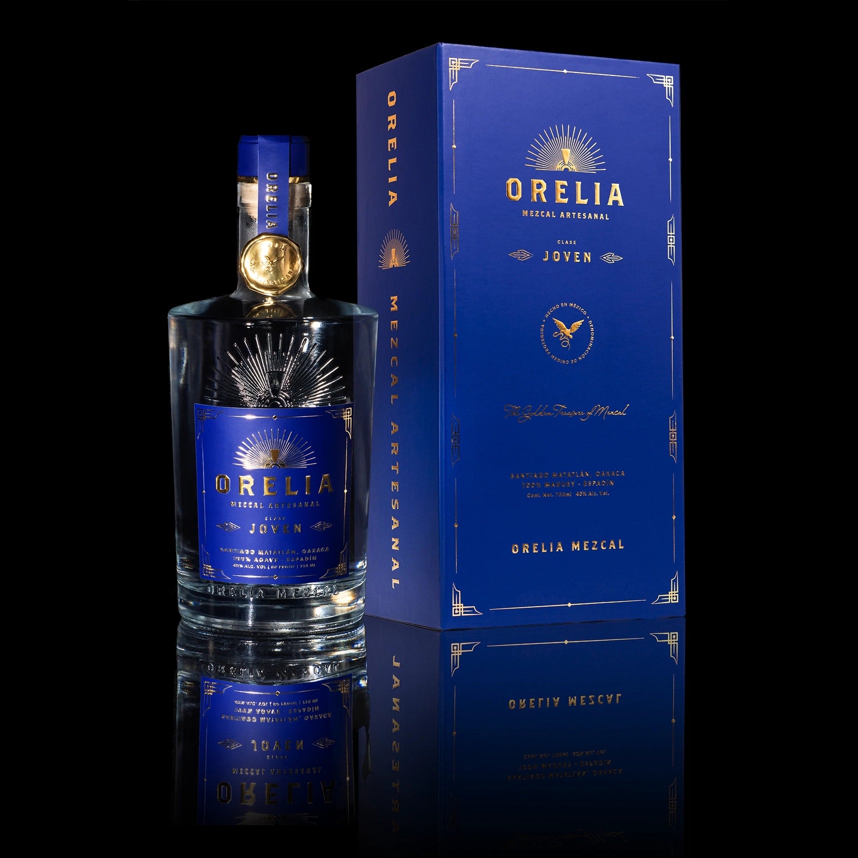 Orelia Mezcal Artesanal Joven 750 ml bottle with matching box