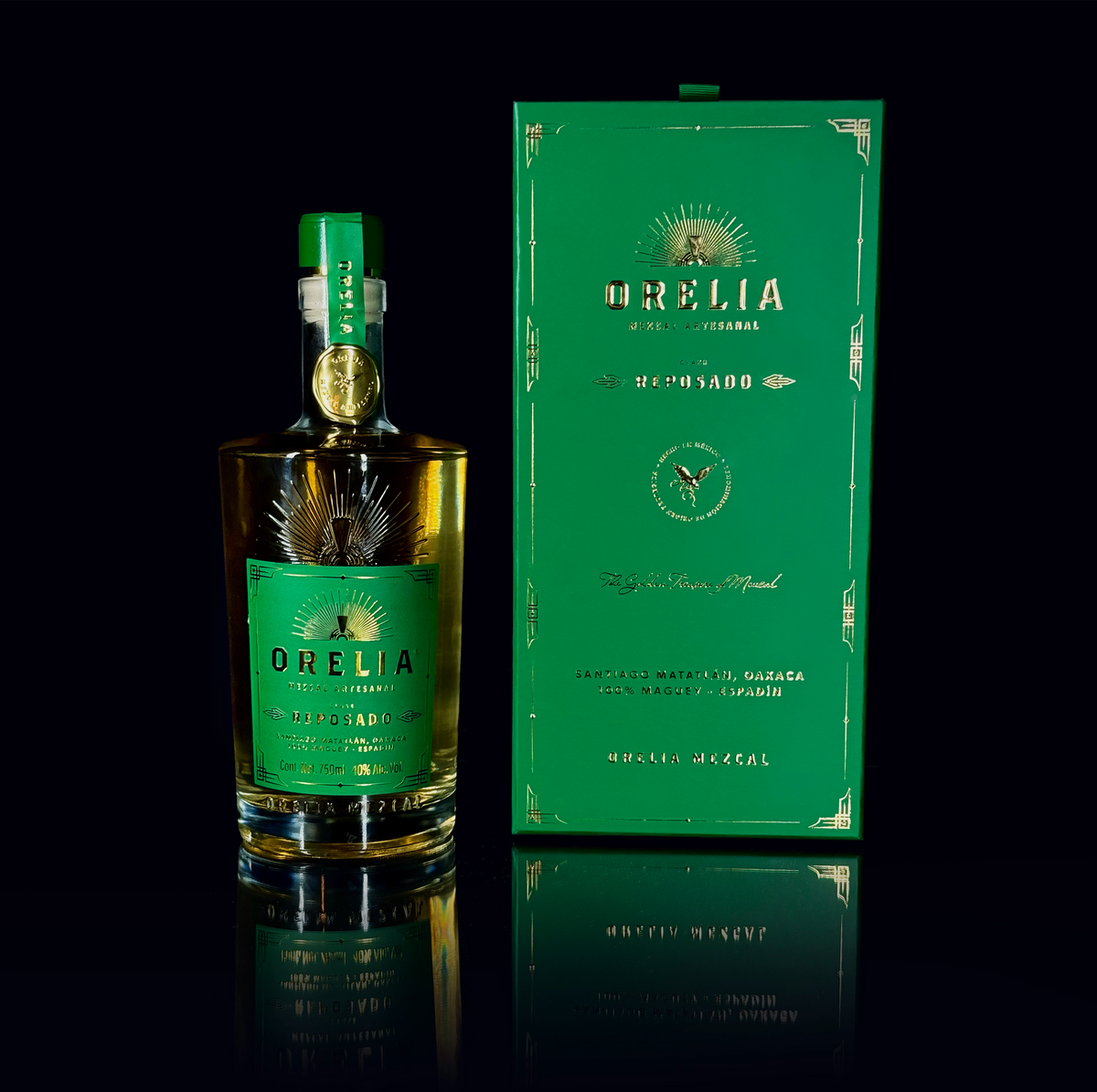 Orelia Mezcal Artesanal Reposado 750 ml bottle with matching box